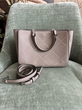 Tory Burch Taupe Perforated Quilted Satchel Tote